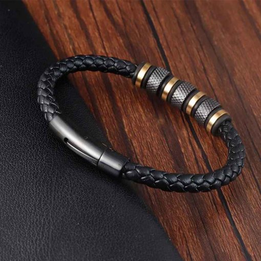 Men’s Punk Bracelet – Braided Leather & Stainless Beads - Image 2