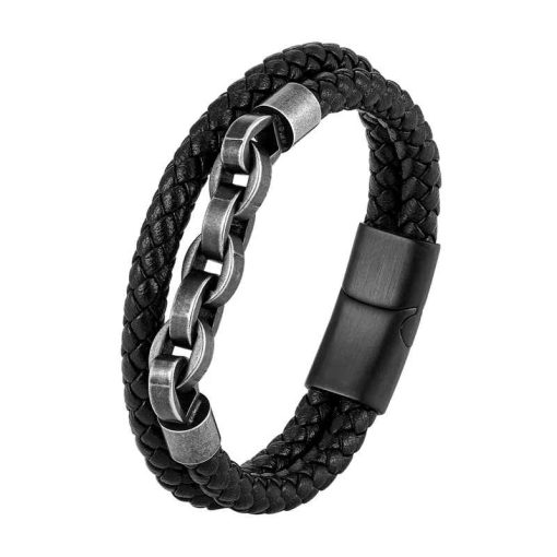 Vintage Leather Chain Bracelet – Stainless Steel Gift for Men - Image 2
