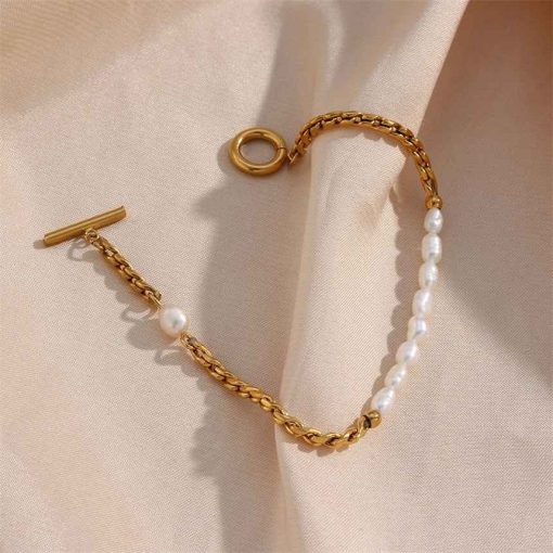 316L Stainless Steel Vintage Irregular Pearl OT Buckle Chain Bracelet for Women - Image 2