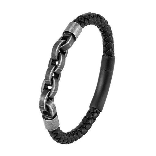 Vintage Leather Chain Bracelet – Stainless Steel Gift for Men - Image 3