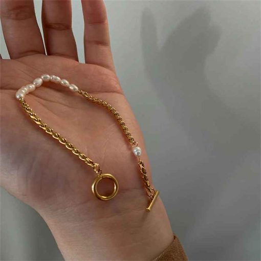 316L Stainless Steel Vintage Irregular Pearl OT Buckle Chain Bracelet for Women - Image 3