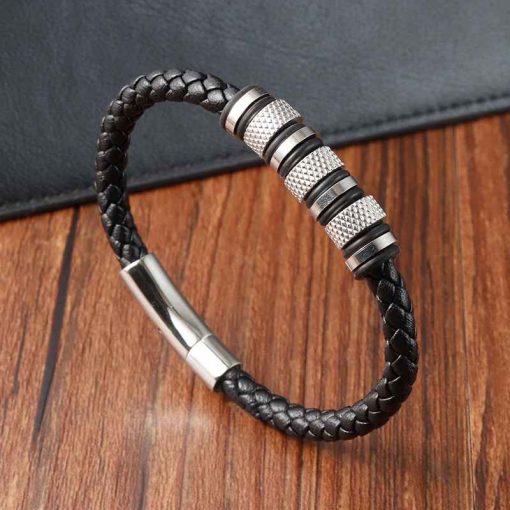Men’s Punk Bracelet – Braided Leather & Stainless Beads - Image 3