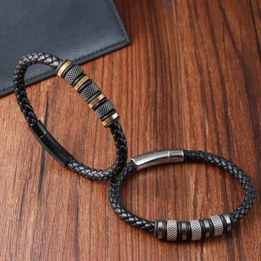 Men’s Punk Bracelet – Braided Leather & Stainless Beads - Image 4