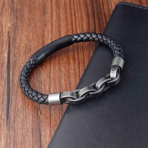 Vintage Leather Chain Bracelet – Stainless Steel Gift for Men - Image 4