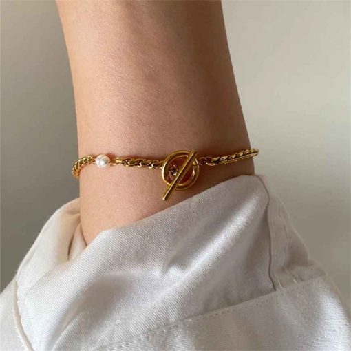 316L Stainless Steel Vintage Irregular Pearl OT Buckle Chain Bracelet for Women - Image 4