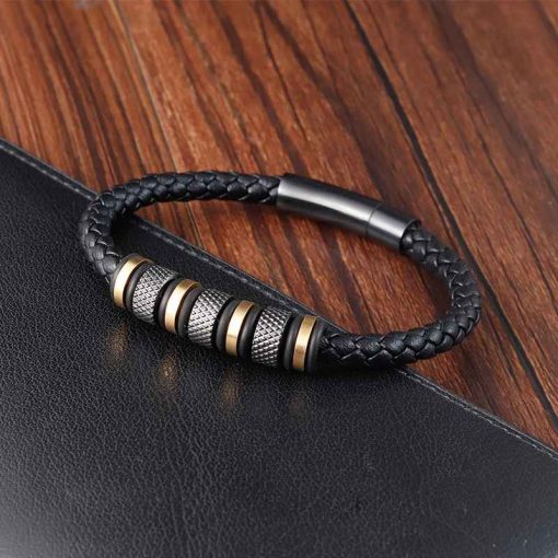 Men’s Punk Bracelet – Braided Leather & Stainless Beads - Image 5