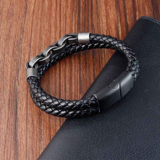 Vintage Leather Chain Bracelet – Stainless Steel Gift for Men - Image 5