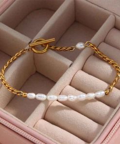 316L Stainless Steel Vintage Irregular Pearl OT Buckle Chain Bracelet for Women