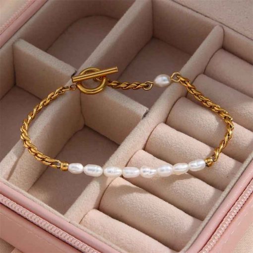 316L Stainless Steel Vintage Irregular Pearl OT Buckle Chain Bracelet for Women