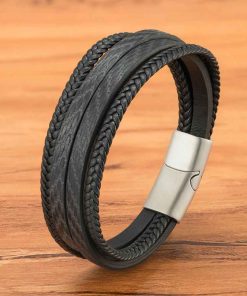 Feather Pattern Leather Bracelet – Stylish Magnetic Bangle for Men