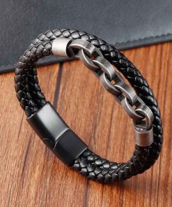Vintage Leather Chain Bracelet – Stainless Steel Gift for Men