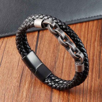 Vintage Leather Chain Bracelet – Stainless Steel Gift for Men