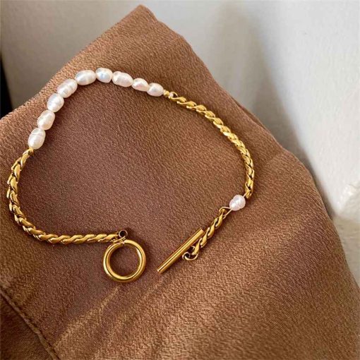316L Stainless Steel Vintage Irregular Pearl OT Buckle Chain Bracelet for Women - Image 5