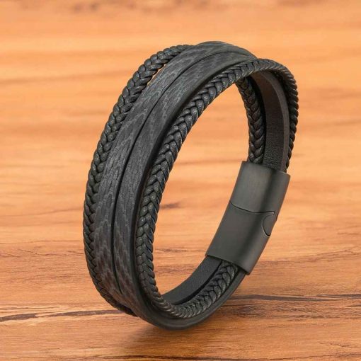 Feather Pattern Leather Bracelet – Stylish Magnetic Bangle for Men - Image 11