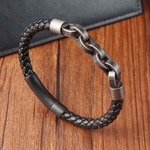 Vintage Leather Chain Bracelet – Stainless Steel Gift for Men - Image 7
