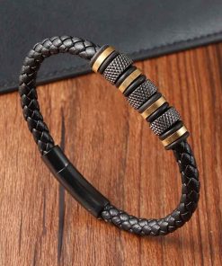 Men’s Punk Bracelet – Braided Leather & Stainless Beads