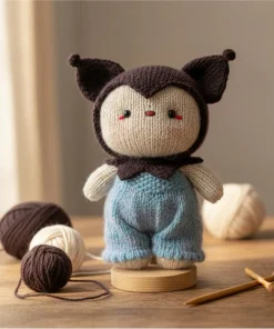 Alternative view of Handmade 21cm Kuromi-Inspired Knitted Plush – Artisanal Amigurumi Doll in Blue Overalls for Collectors & Fans