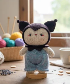 Handmade 21cm Kuromi-Inspired Knitted Plush – Artisanal Amigurumi Doll in Blue Overalls for Collectors & Fans