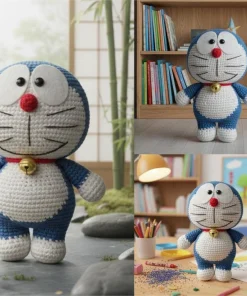 Handmade Crochet Blue Cat Plush 20cm – Amigurumi Cartoon Cat Doll, Cute Knitted Toy & Gift