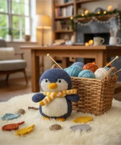 Handmade 18cm Knitted Penguin Plush – Artisanal Amigurumi Animal with Scarf for Kids & Winter Home Decor