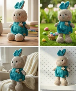Handmade 30cm Knitted Bunny Doll – Premium Amigurumi Rabbit in Teal Floral Dress for Kids & Nursery Decor