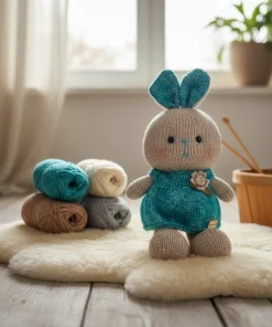 Alternative view of Handmade 30cm Knitted Bunny Doll – Premium Amigurumi Rabbit in Teal Floral Dress for Kids & Nursery Decor